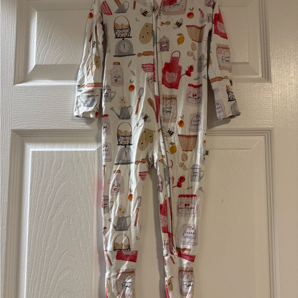 Adorable Kids Footie Pajama - Cream with Red and Gray Patterns